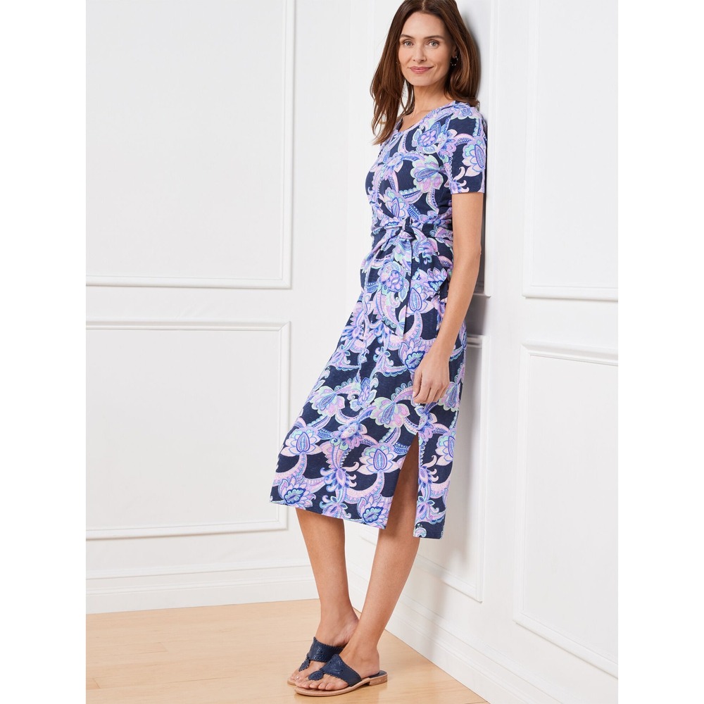 Talbots Nantucket Slub Knit Side Tie Midi Dress XS Charming Floral 100% Cotton